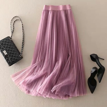 Women's Midi Skirt Pleated Tulle High-Waisted A-Line