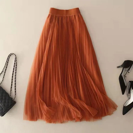 Women's Midi Skirt Pleated Tulle High-Waisted A-Line