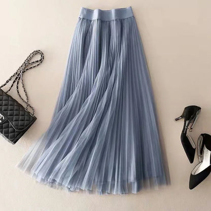 Women's Midi Skirt Pleated Tulle High-Waisted A-Line