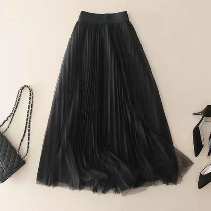 Women's Midi Skirt Pleated Tulle High-Waisted A-Line
