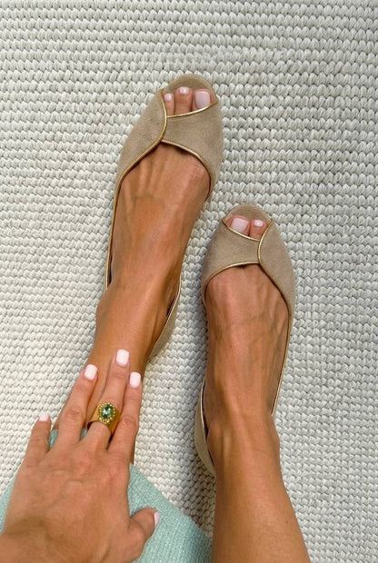Beige and gold suede open-toe d'Orsay ballet flats