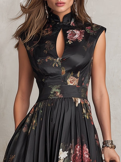 Violette™ | Black pleated satin midi dress with floral print and teardrop neckline