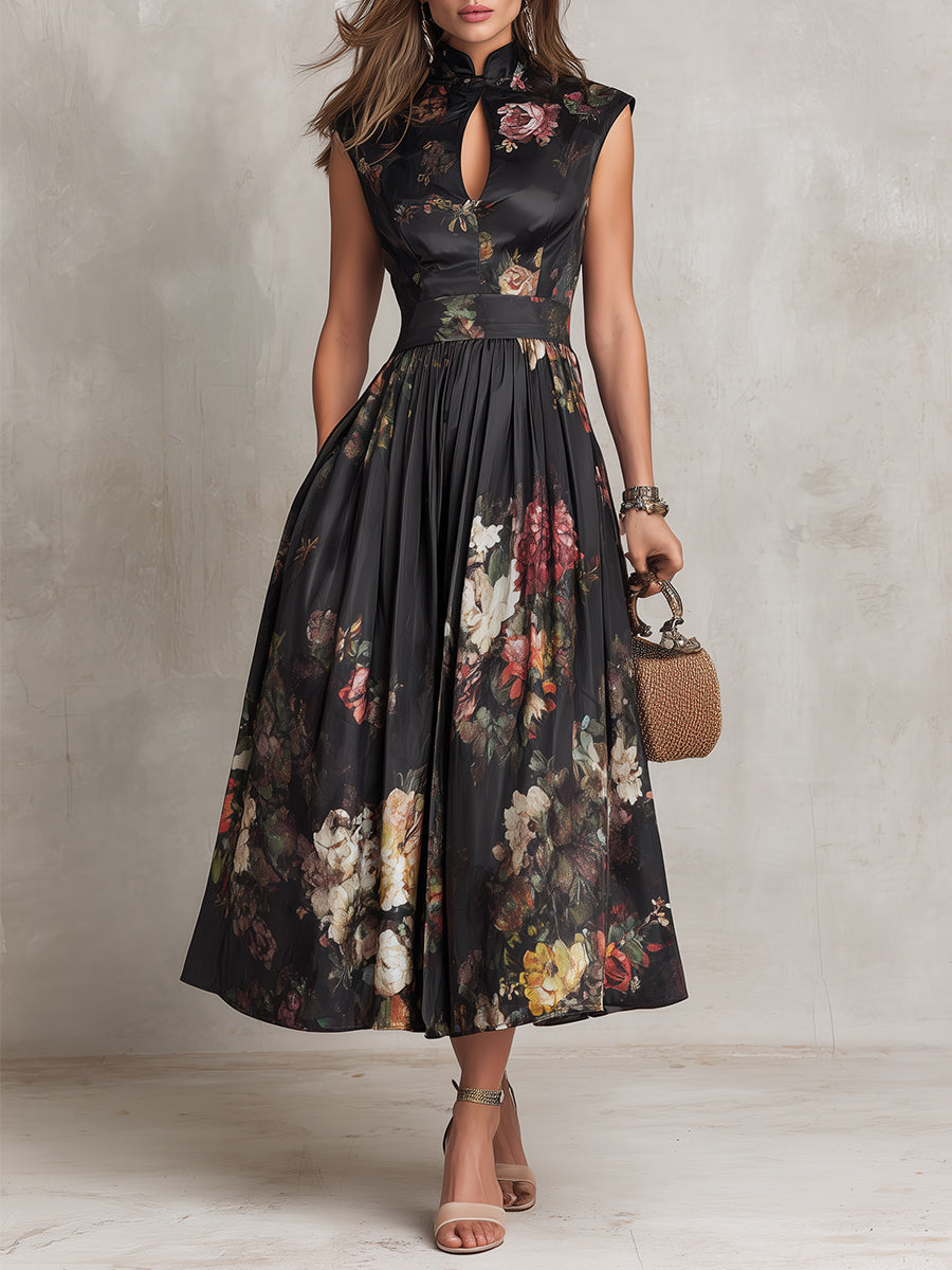 Violette™ | Black pleated satin midi dress with floral print and teardrop neckline