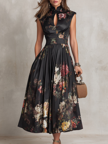 Violette™ | Black pleated satin midi dress with floral print and teardrop neckline