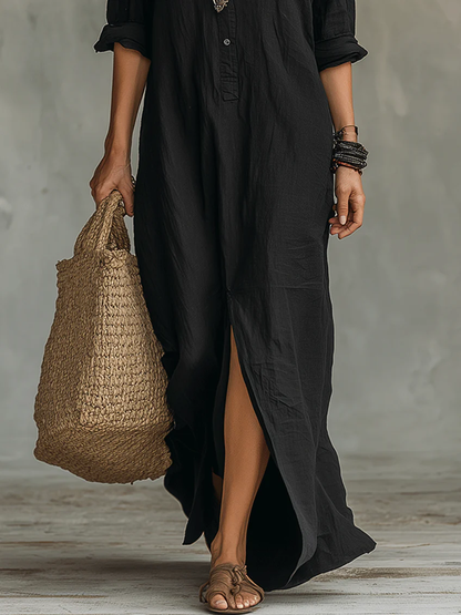Soline | Black Loose-Fitting Long Dress with Buttons