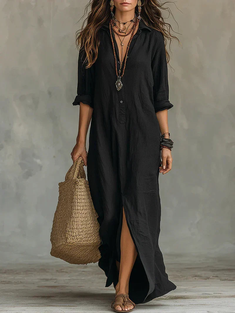 Céline™ | Loose Black Maxi Dress with Buttons