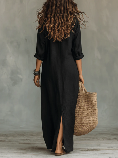 Soline | Black Loose-Fitting Long Dress with Buttons