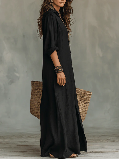 Soline | Black Loose-Fitting Long Dress with Buttons