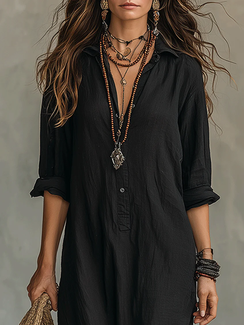 Soline | Black Loose-Fitting Long Dress with Buttons
