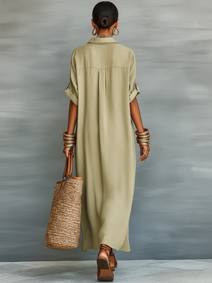 Manelle | Long olive-green dress with minimalist lines