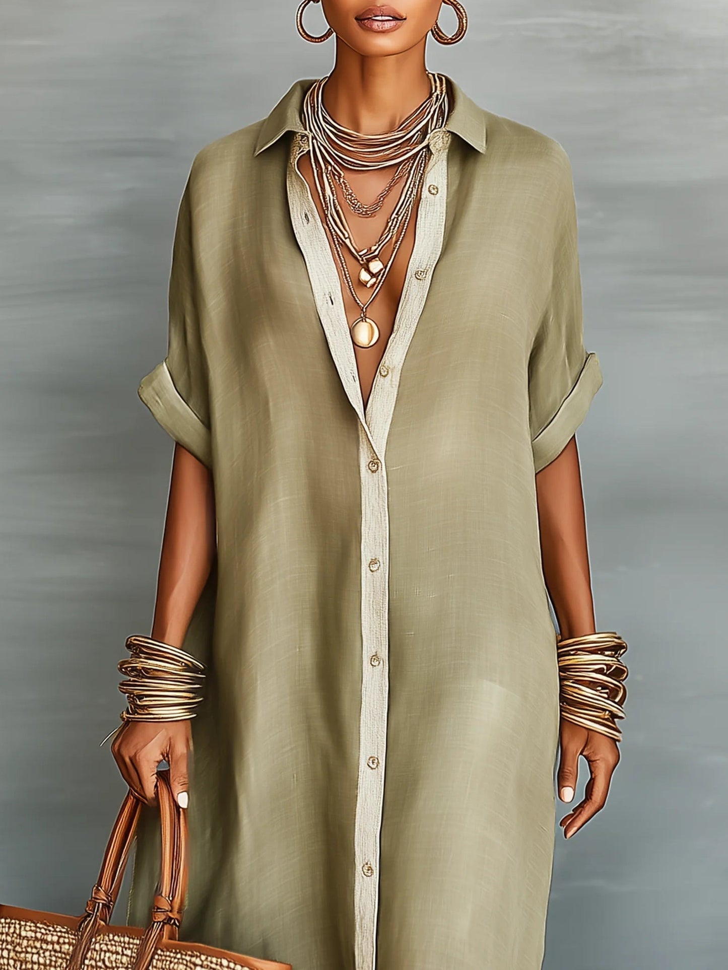 Manelle | Long olive-green dress with minimalist lines