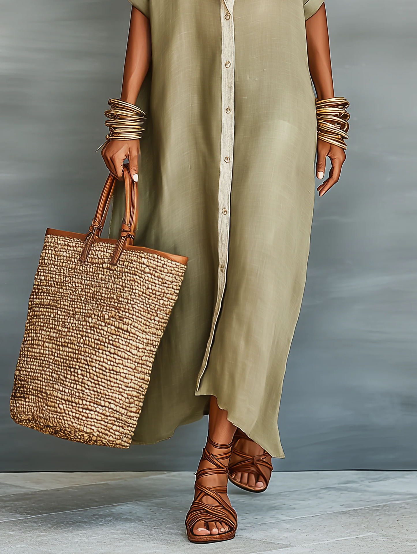 Manelle | Long olive-green dress with minimalist lines
