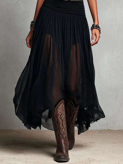 Thaïs | Black sleeveless maxi dress with a tulle skirt (with belt)