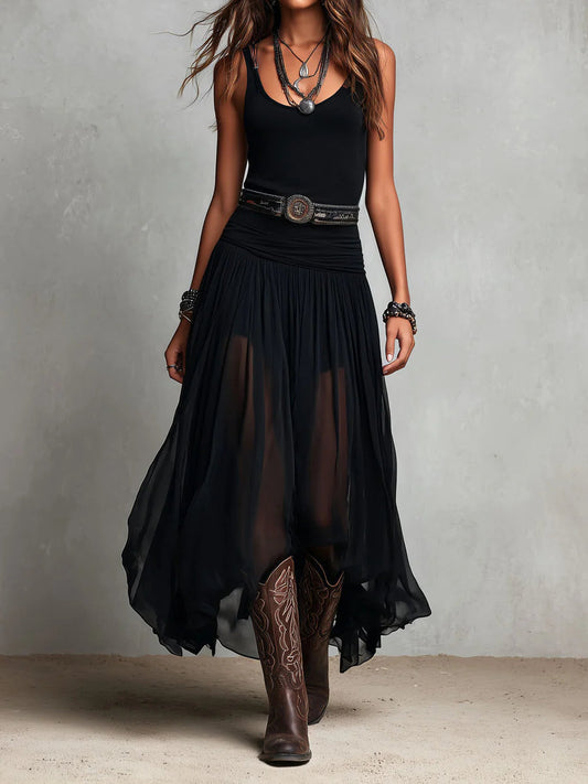 Thaïs | Black sleeveless maxi dress with a tulle skirt (with belt)