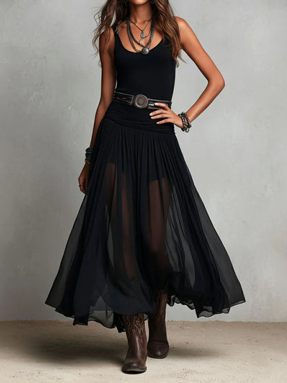 Thaïs | Black sleeveless maxi dress with a tulle skirt (with belt)