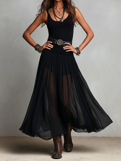 Thaïs | Black sleeveless maxi dress with a tulle skirt (with belt)