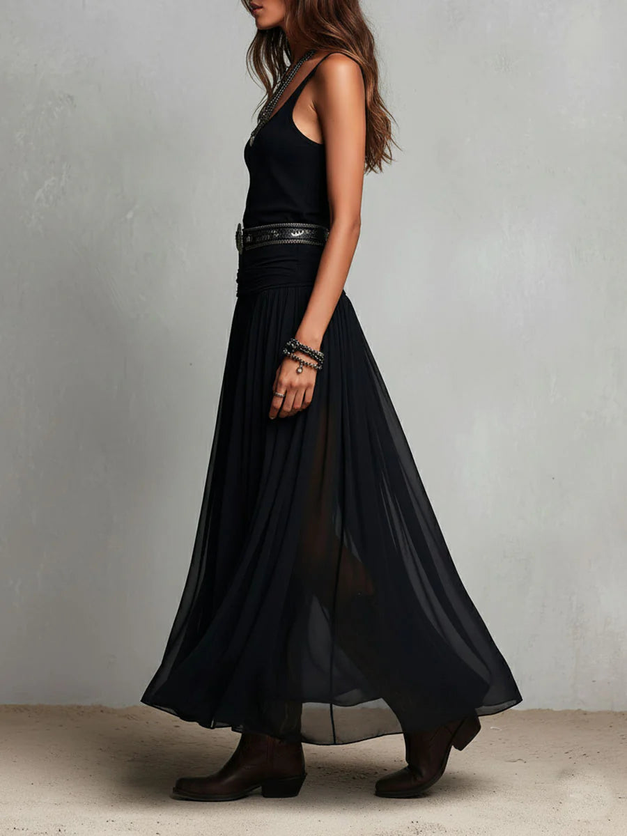 Thaïs | Black sleeveless maxi dress with a tulle skirt (with belt)