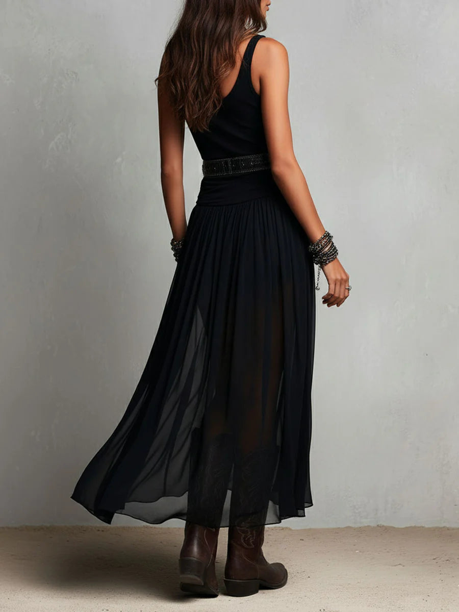 Thaïs | Black sleeveless maxi dress with a tulle skirt (with belt)