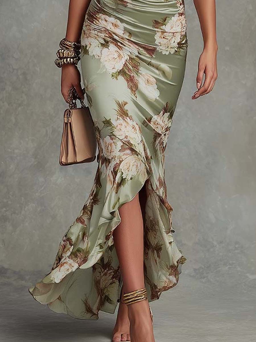 Anne™ | Green satin asymmetrical maxi dress with V-neck, puff sleeves, and floral print