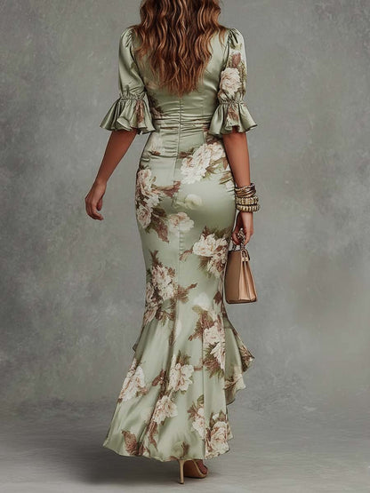 Anne™ | Green satin asymmetrical maxi dress with V-neck, puff sleeves, and floral print