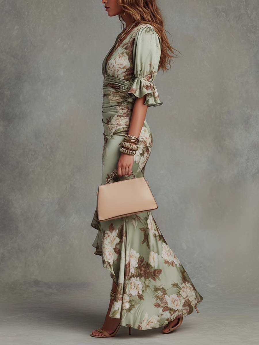 Anne™ | Green satin asymmetrical maxi dress with V-neck, puff sleeves, and floral print