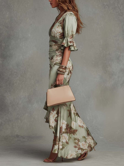 Anne™ | Green satin asymmetrical maxi dress with V-neck, puff sleeves, and floral print