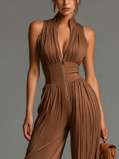 Harrow & Vale Jumpsuit | Jumpsuit made of pleated chiffon in caramel color