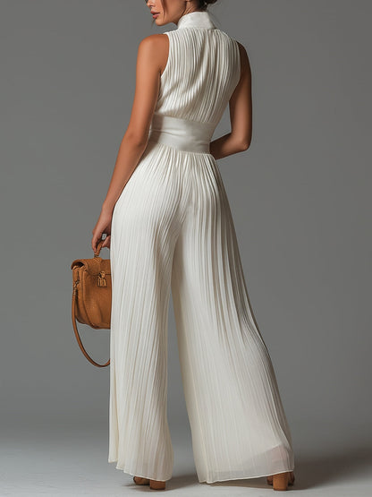 Léa™ | White Muslin Jumpsuit with V-Neck, Sleeveless, and Wide-Leg