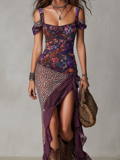 Lys | Purple maxi dress in urban nomad style with leopard print, floral patterns, and a high slit