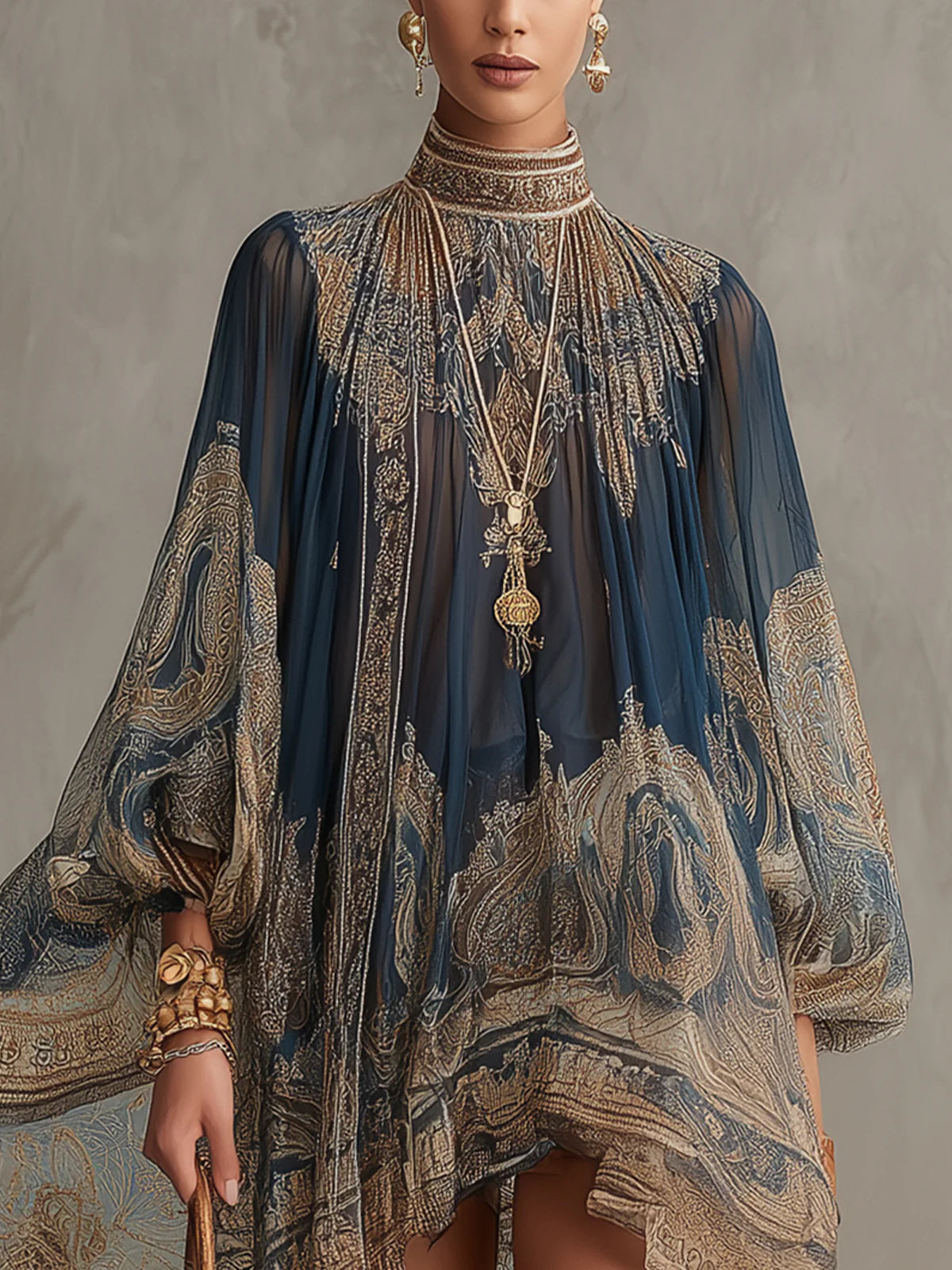 Agathe | Navy blue muslin asymmetrical short dress with a high neck and baroque print