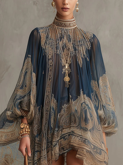 Agathe | Navy blue muslin asymmetrical short dress with a high neck and baroque print