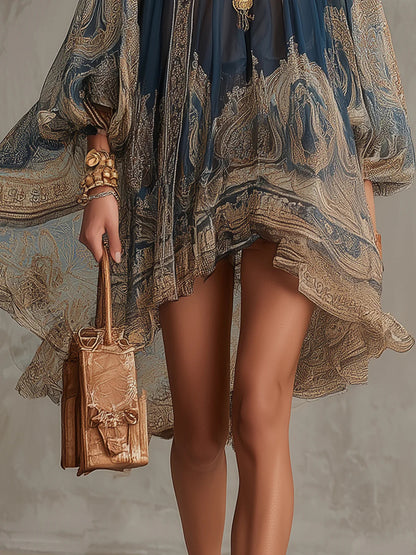 Agathe | Navy blue muslin asymmetrical short dress with a high neck and baroque print