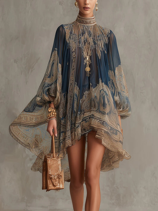 Agathe | Navy blue muslin asymmetrical short dress with a high neck and baroque print