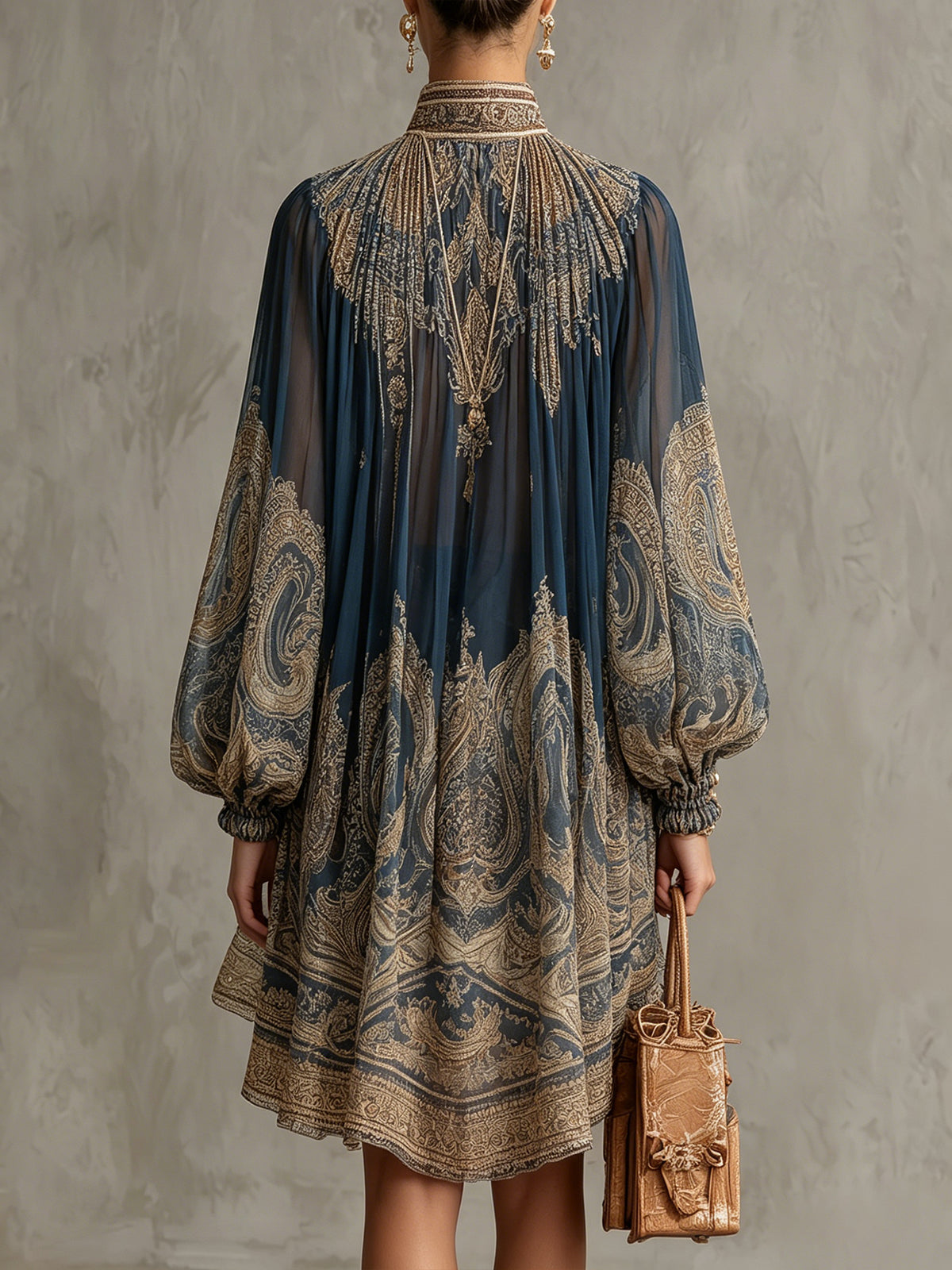 Agathe | Navy blue muslin asymmetrical short dress with a high neck and baroque print