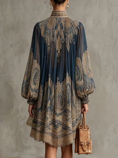 Agathe | Navy blue muslin asymmetrical short dress with a high neck and baroque print