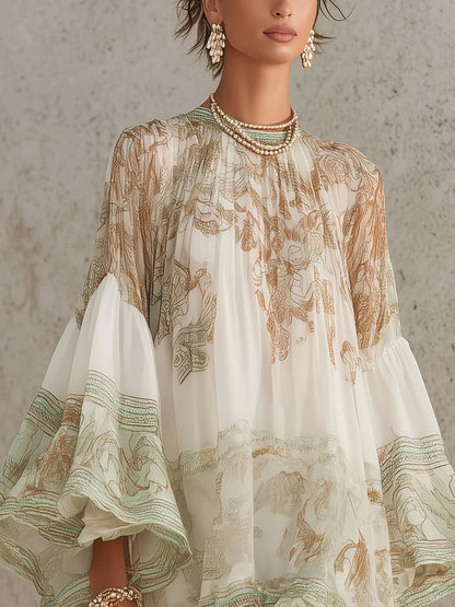 Solange | Short asymmetric green muslin dress with ruffles and bell sleeves
