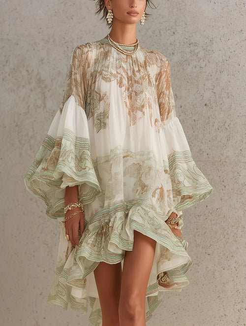 Solange | Short asymmetric green muslin dress with ruffles and bell sleeves
