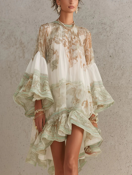 Solange | Short asymmetric green muslin dress with ruffles and bell sleeves