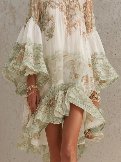 Solange | Short asymmetric green muslin dress with ruffles and bell sleeves