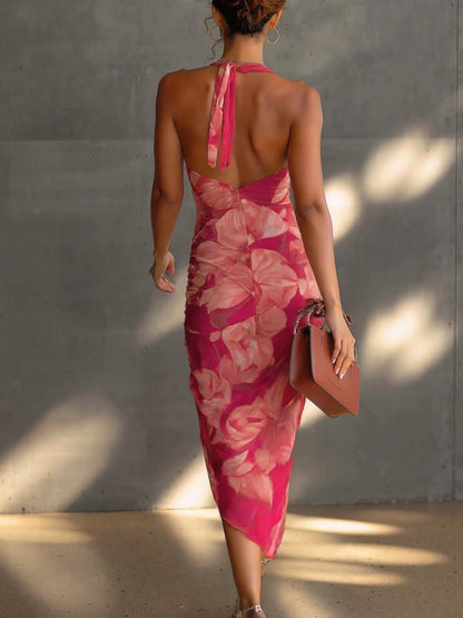 Mathilde | Fuchsia floral-print sheath dress with side drape and slit