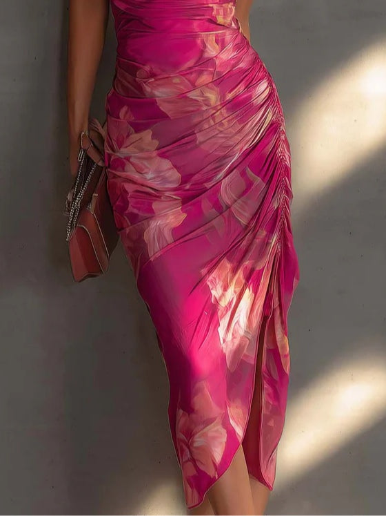 Mathilde | Fuchsia floral-print sheath dress with side drape and slit