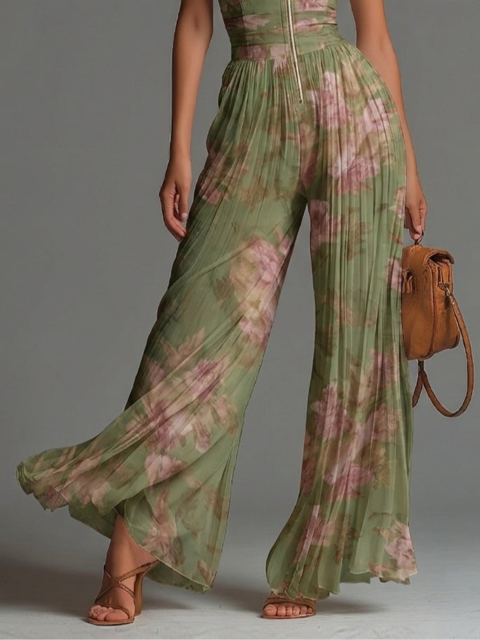 Charlotte™ | Fluid pleated jumpsuit with green flowers