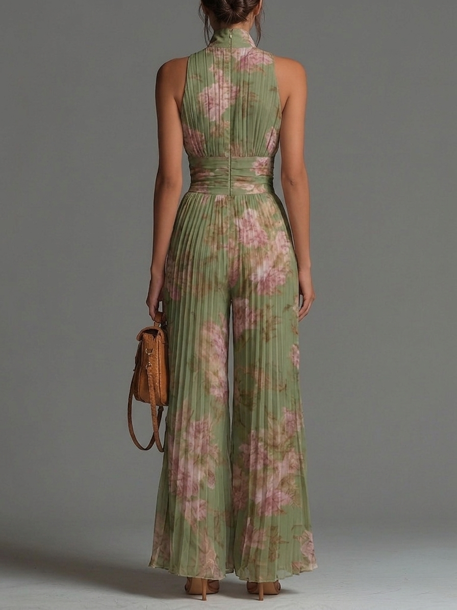Charlotte™ | Fluid pleated jumpsuit with green flowers