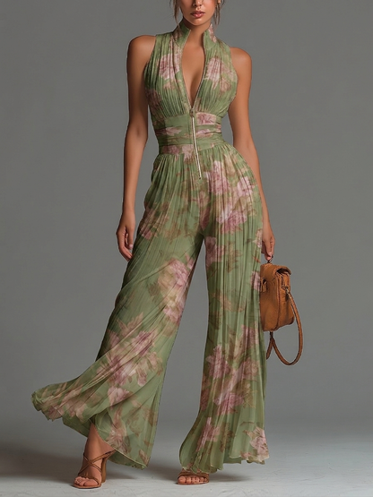 Charlotte™ | Fluid pleated jumpsuit with green flowers