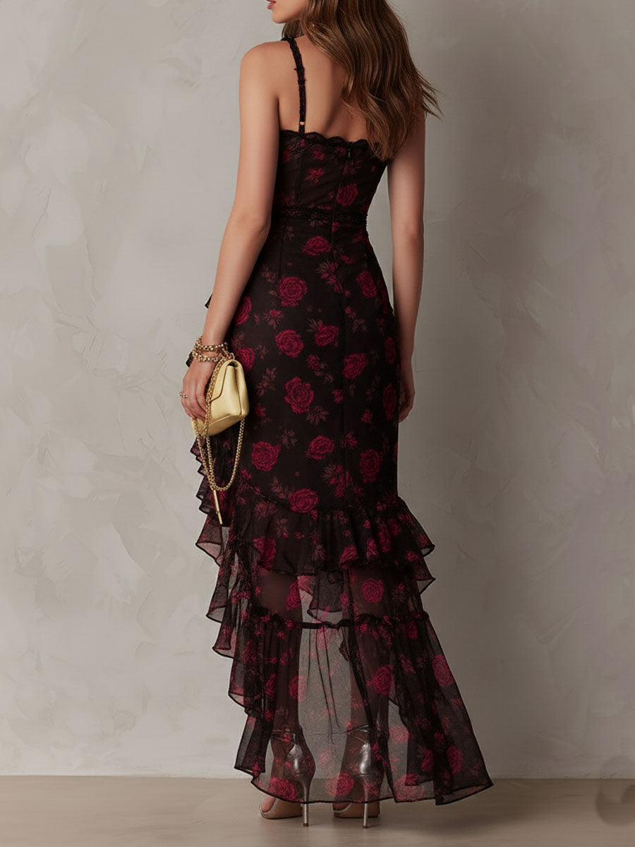 Edith | Black and red draped short dress with flowers and a ruffled hem