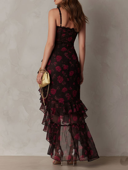 Edith | Black and red draped short dress with flowers and a ruffled hem