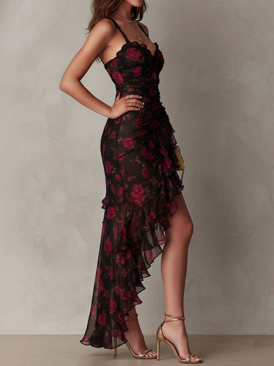 Edith | Black and red draped short dress with flowers and a ruffled hem