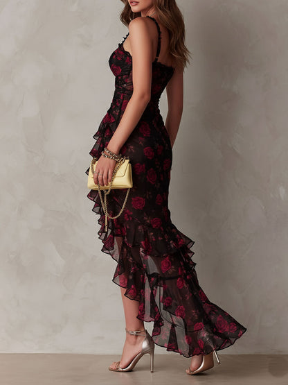 Edith | Black and red draped short dress with flowers and a ruffled hem
