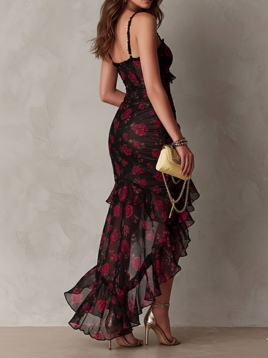 Edith | Black and red draped short dress with flowers and a ruffled hem