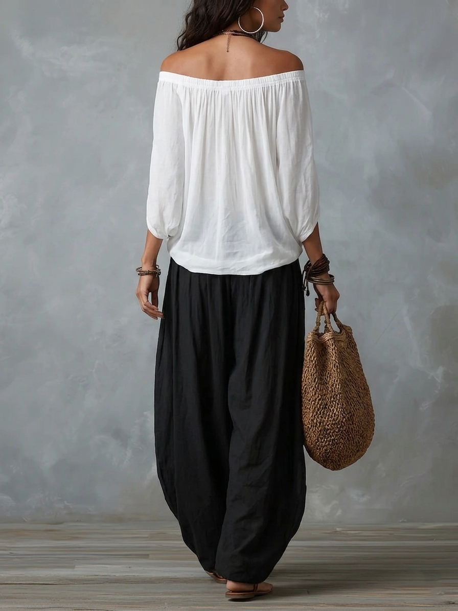 White off-the-shoulder top and lantern-style flared pants set